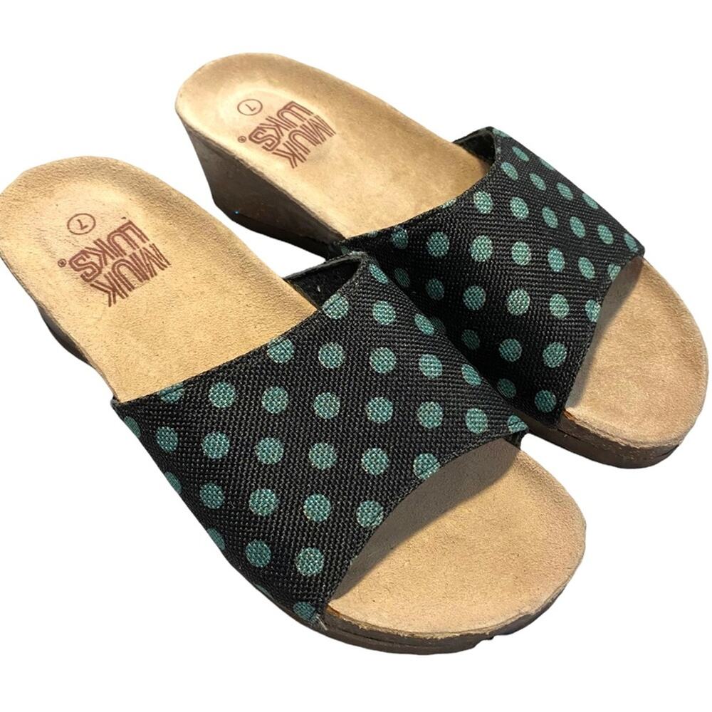 Muk Luks Slide boho wedge sandals size 7 canvas polka dot